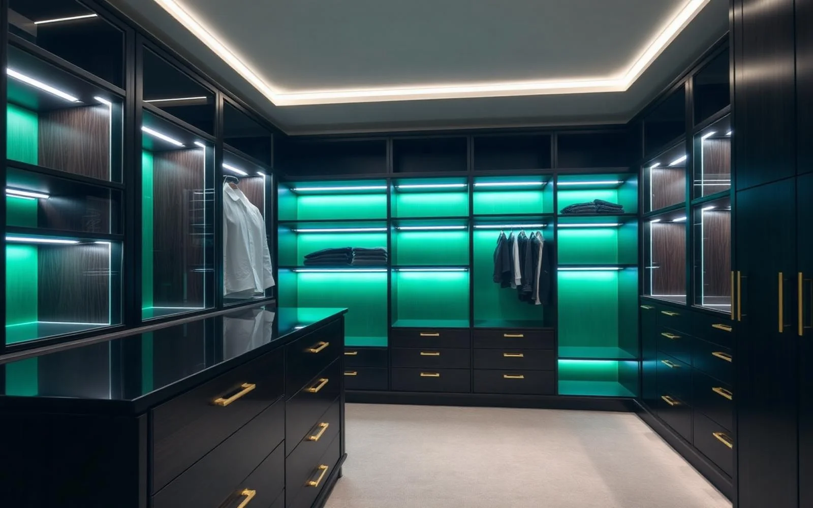 Closet planejado em São Paulo com iluminação em LED e puxadores dourados