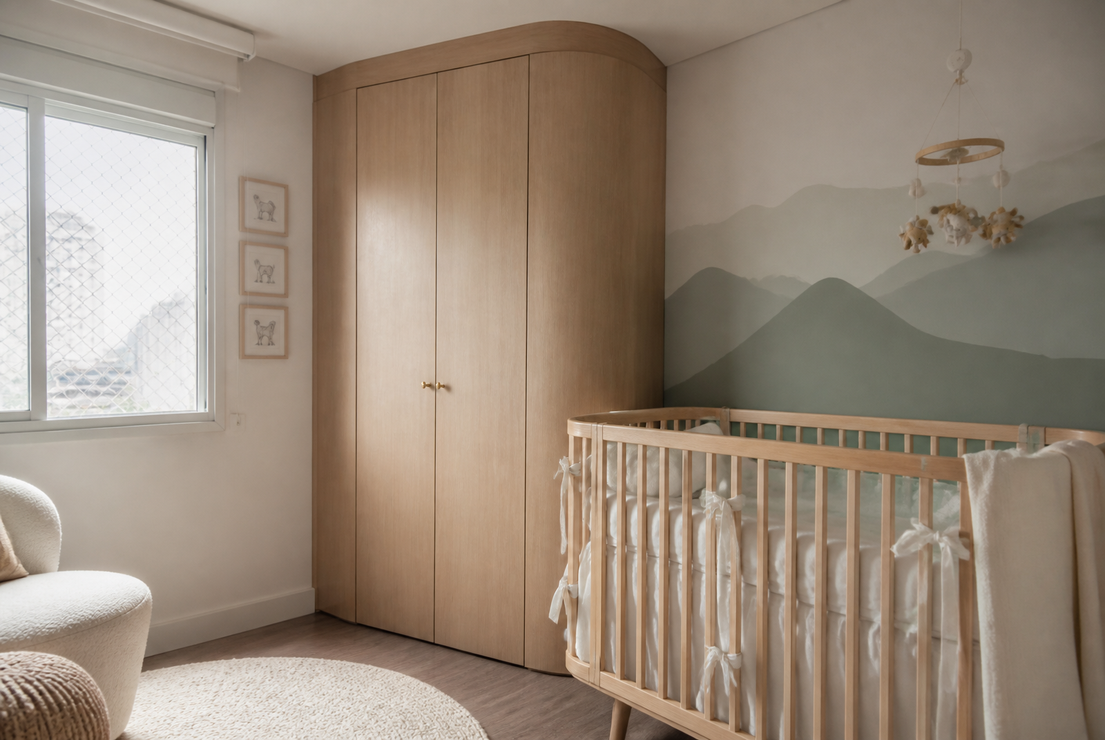 Quarto de bebê planejado em apartamento de São Paulo com berço e armário sob medida