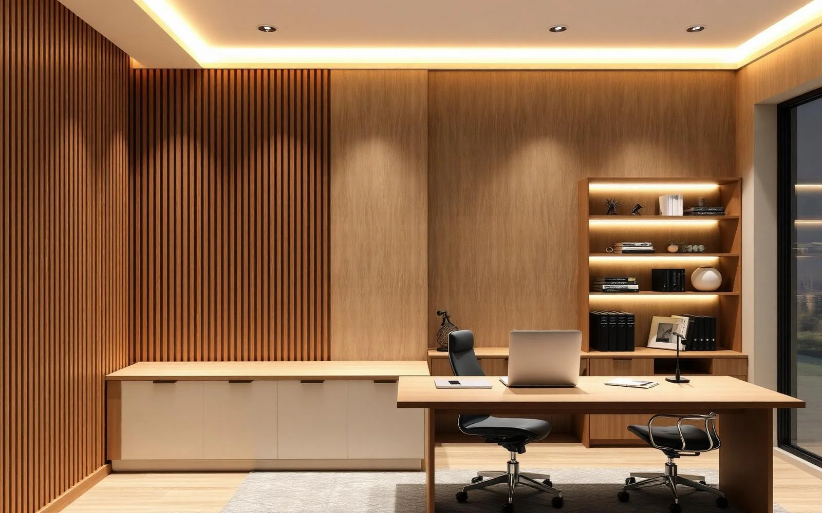 Escritório planejado com painel ripado e credenza sob medida