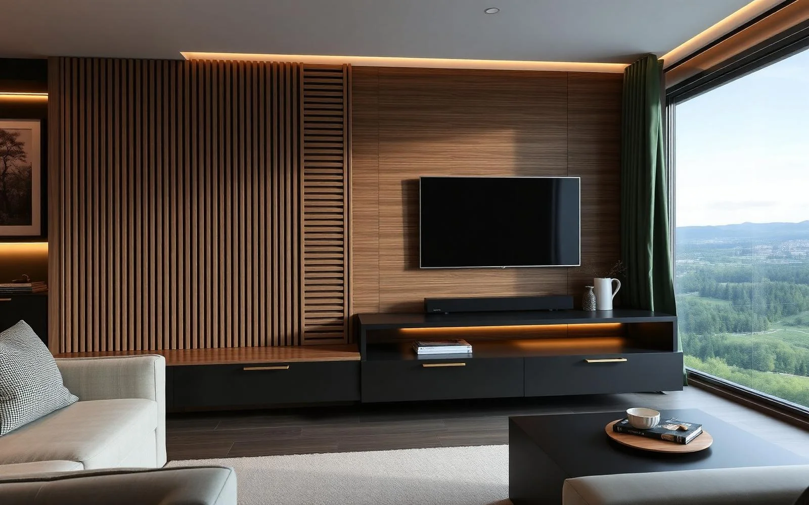 Sala planejada em São Paulo com painel de TV ripado e rack suspenso